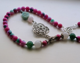 C&G Gemstone Necklace: Pink/Green Jade & Flower Pendant with Rose Quartz + Green Aventurine Rose