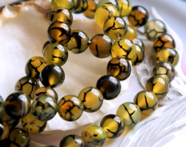 set/5 beads:  Dragon Veins Agate - Round - 8,2 mm - Amber Olive Green Black