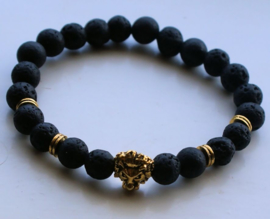 Dames/Heren Armband: Leeuw met Zwart Lava Steen - Goud Kleur