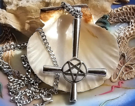 Inverted Cross Pentagram Pendant (59 mm) with Necklace - Satanic Black Metal