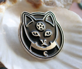 Witch Pin Brooche: Cat with Pentagram & Moon - 25 mm - Black Silver