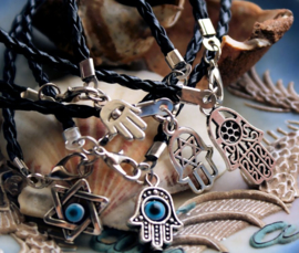 Set/5 Bracelets: Hamsa Evil Eye Fatima - Black Faux Leather + Antique Silver Tone