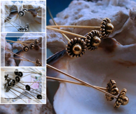 set/10 Decorated Head-Pins - 53 mm - Antique Silver Gold Bronze tone - 8 mm
