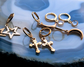 Pair of Earrings with Star or Moon or Crucifix or Crystal - Gold