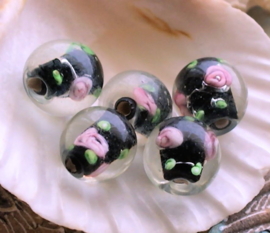 set/3 Beautiful Lampwork beads - ROSE - Round - 12 mm - Black