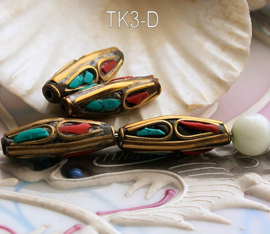 1 handmade Tibetan Bead: Brass with Turquoise & Red Coral - various options - TK3