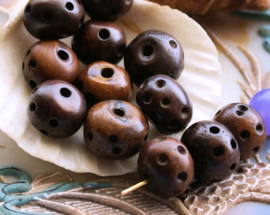 BONE:  set/5 Handmade Beads - Round Flat - approx 12x9-13x10 mm - Dark Brown