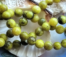 set/5 beads: Yellow Turquoise - Round - 8 mm - Shades of Olive & Gray