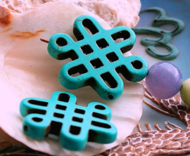 1 Bead/Pendant/Connector: Howlite - Tibetan/Celtic Knot - 29x24 mm - Turquoise Colour