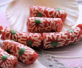 set/2 Grote Krobo TRADE BEADS - Handelskralen uit Ghana - Glas - ca 26-28 mm - Zalm Off-White Groen