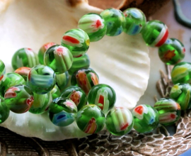 set/10 Millefiori Beads - Glass - Round 8 mm - Green Multi