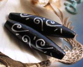 1 Large Bead: Wood - Tapered Tube - approx 45x12 mm - Black + Silver
