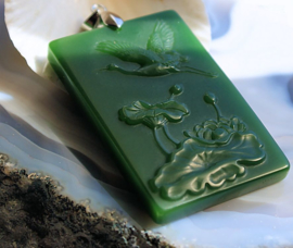 Beautiful Jade Pendant: Crane & Lotus - 74 mm