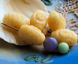 1 JADE Prayer- Bead with carved Symbols - 18x13 mm - Sand/Cream tone