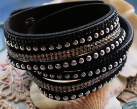 Dubbele 4-rij Armband - Imitatie Leer - Verstelbaar - Zwart Zilver Strass