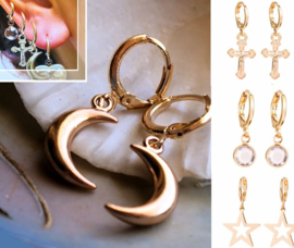 Pair of Earrings with Star or Moon or Crucifix or Crystal - Gold