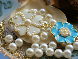 Set Pearl Beads + Enamel Flowers Pendant + Clasp - Aqua Blue & White