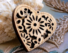 Beautiful Heart shaped Wood Pendant with Flowers  - 30x32 mm