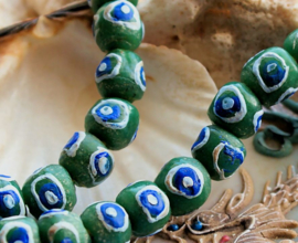 set/4 Krobo TRADE BEADS - Handelskralen uit Ghana - Glas - ca 11 mm - Groen Kobalt-Blauw Wit