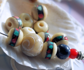 BONE:  set/2 Tibetan Beads - approx 10x8 mm - Off-White - Coral and Turquoise inlaid