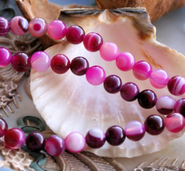 set/8 beads: Stripe Agate - Round - 6 mm - Burgundy Pink & White