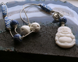 C&G Leather Cord Necklace: Serpentine Buddha & Porcelain beads