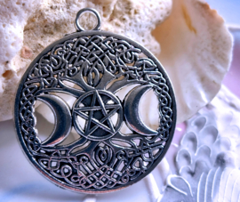 Pendant: Moon - Tree of Life - Pentagram - 39 mm - Antique Silver tone