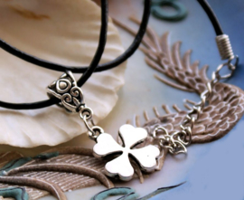 Four-Leaf Clover/Shamrock Pendant on Black Leather Necklace