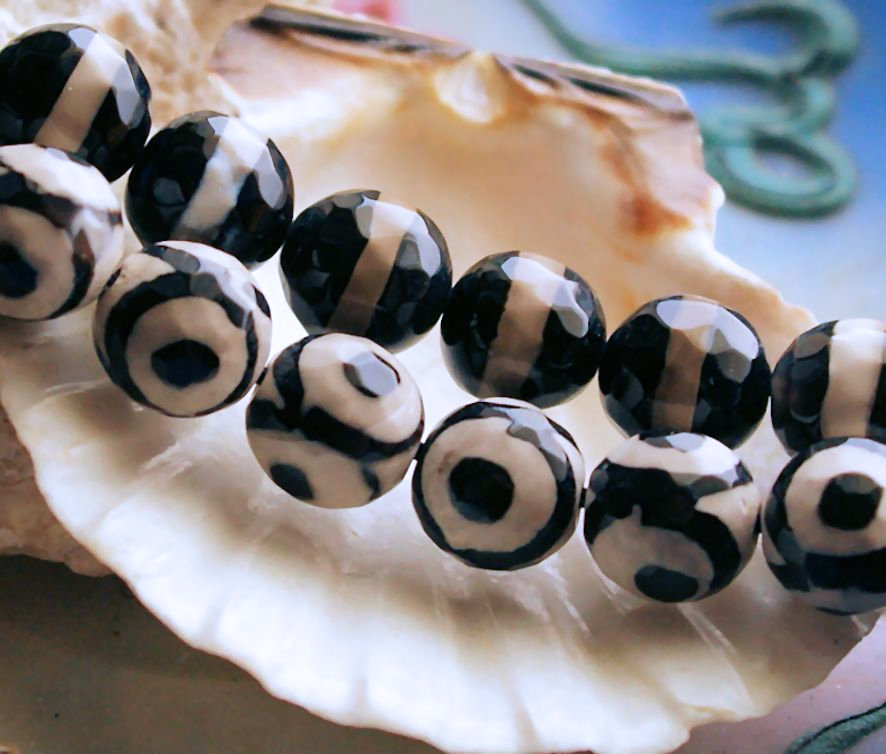 1 kraal:  echt Agaat - Eye Bead of Streep - Rond Facet - 10 mm - Zwart Wit