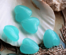 set/5 Beads: CZECH GLASS - Heart - 14 mm - Aqua Blue