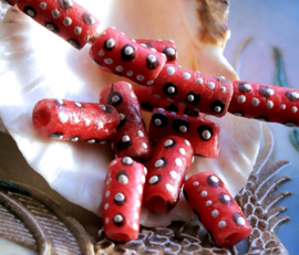 set/3 Krobo TRADE BEADS - Handelskralen uit Ghana - Glas - ca 14-15 mm - Framboos-Rood Wit Bruin