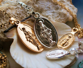 Pendant on Necklace: Mary Sacred Heart Jesus - Silver tone or Gold tone in 2 sizes