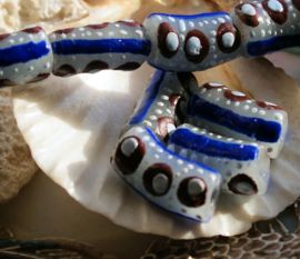 set/2 Grote Krobo TRADE BEADS - Handelskralen uit Ghana - Glas - ca 18-20 mm - Kobalt-Blauw Bruin Wit