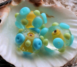 1 Lampwork bead: Bumps - 17x12 mm - Blue Lime Green