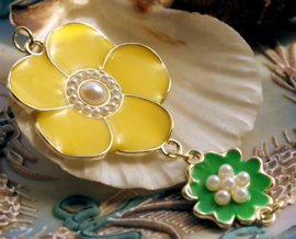 Enamel Pendant: Flower - 72x33 mm - Green+Yellow+Pearl+Gold-Tone
