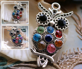 Pendant: Owl - 48x24 mm - Multi Colours + Antique Silver Tone