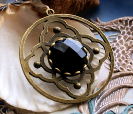 Round Pendant with Black faceted 'Crystal' - 46 mm - Brone Tone