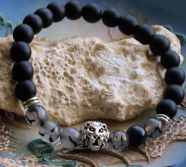 Dames/Heren Armband: Leeuw met Zwart Agaat & Dragon Veins Agaat - Zilver Kleur