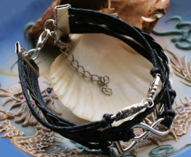 Armband 'Black Owls' 4-rij in Imitatie Leer & Cord