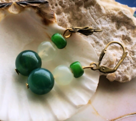 C&G Gemstone Earrings: Antique White Heart Tradebeads & Jade + Agate- Green