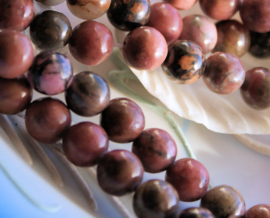 set/5 beads: Black Lace Rhodonite - Round  - 8,2 mm - warm Pink, Brown & Black