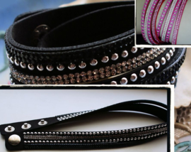 Dubbele 4-rij Armband - Imitatie Leer - Verstelbaar - Zwart Zilver Strass