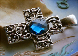 Large Pendant: Cross with Blue Crystal - 61 mm - Antique Silver Tone