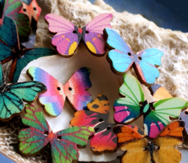 set/14 Beads/Buttons: Butterfly Wood - 28x21 mm - Mixed set