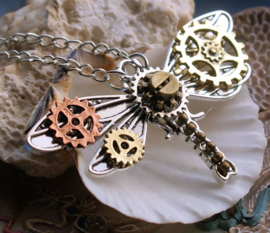 Pendant on Necklace: Steampunk-Style Dragonfly - 70x40 mm - Silver tone Metal & Brass/Copper