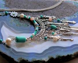 Boho Ibiza Necklace: Beads & Arrows - Antique Silver & Turquoise tone