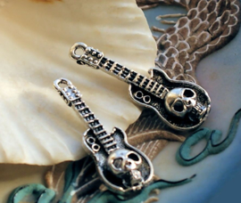 1 Charm: Skull Guitar - 32x11 mm - Antique Silver Tone Metal