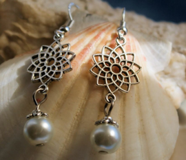 Pair of C&G Earrings: Dangling Lotus Flower and Pearl