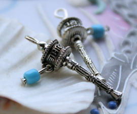 1 Charm: Tibetan Buddhist Prayer Wheel - 34 mm - Antique Silver Tone Red or Turquoise