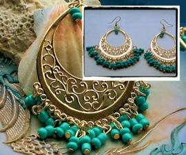 A pair of dangling Gipsy Earrings - 85 mm - Gold Tone + Turquoise Tone